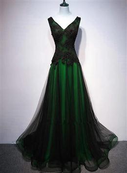 Picture of Chaming Black Color and Green Tulle V-neckline Long Party Dresses, Pretty V-neckline Formal Dress